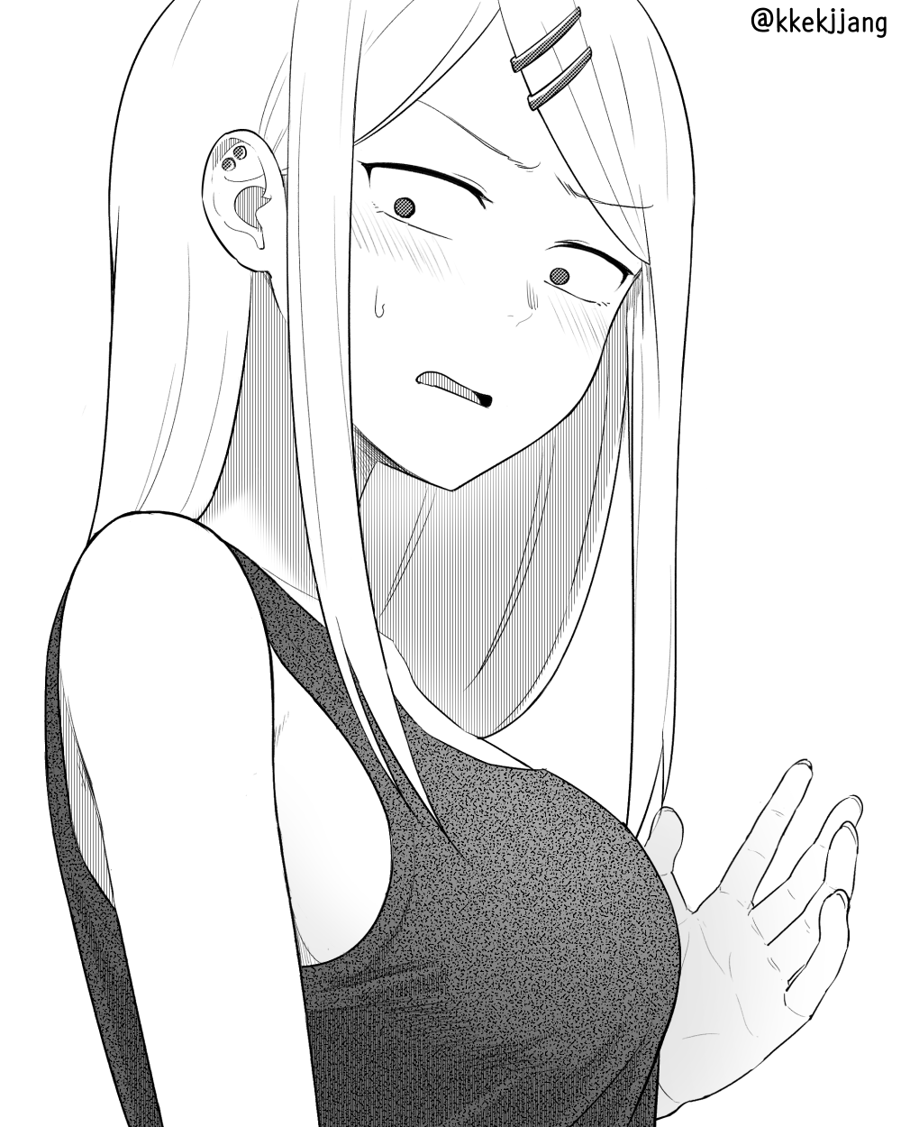 1girl, alternate_breast_size, blush, breasts, clip_studio_paint_(medium), dagashi_kashi, ear_piercing, endou_saya, fingernails, from_side, greyscale, hair_ornament, hairclip, hand_up, highres, long_hair, looking_at_viewer, looking_to_the_side, medium_breasts, monochrome, open_mouth, piercing, shirt, simple_background, solo, texus, twitter_username, upper_body, white_background