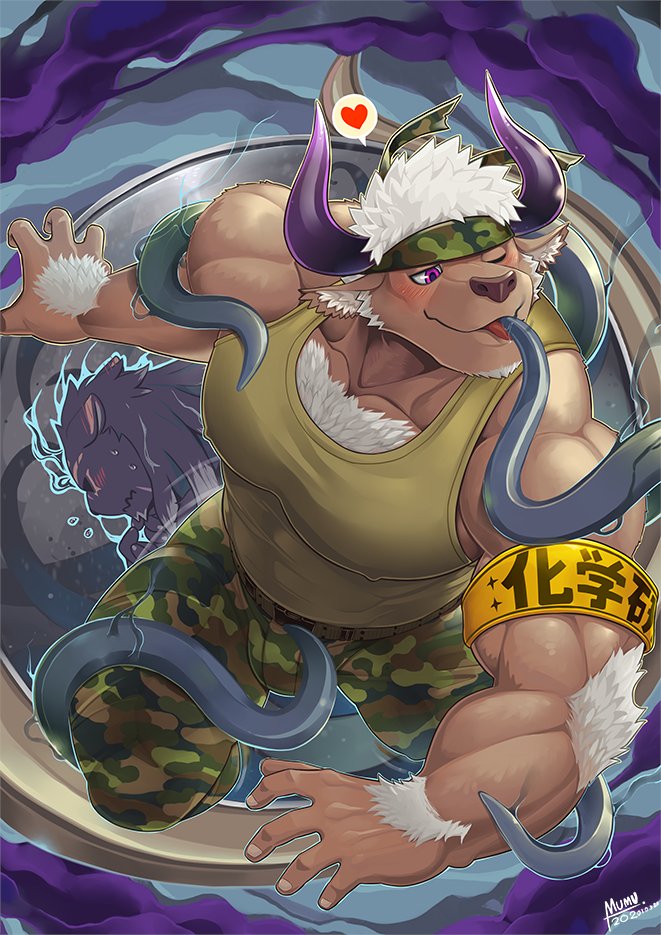 1boy, animal_ears, bara, bare_arms, bare_shoulders, blush, bulge, camouflage