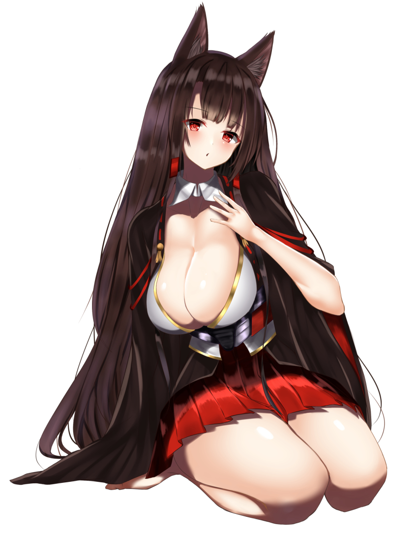 1girl, akagi_(azur_lane), animal_ear_fluff, animal_ears, azur_lane, breasts, brown_kimono, cleavage