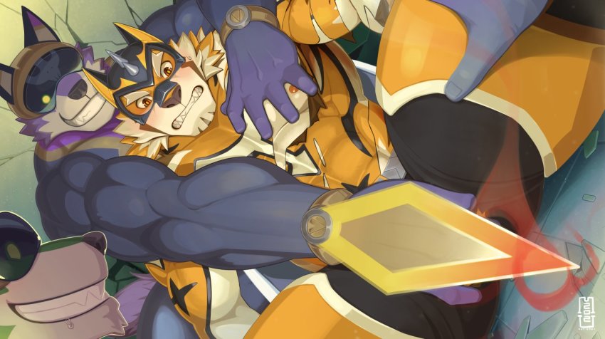 3boys, abs, animal_ears, animal_print, bara, bare_pectorals, beige_fur, blush