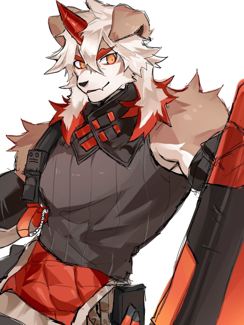 1boy, animal_ears, ao_(chung0u0), arknights, bare_shoulders, brown_fur, collar, dog_boy