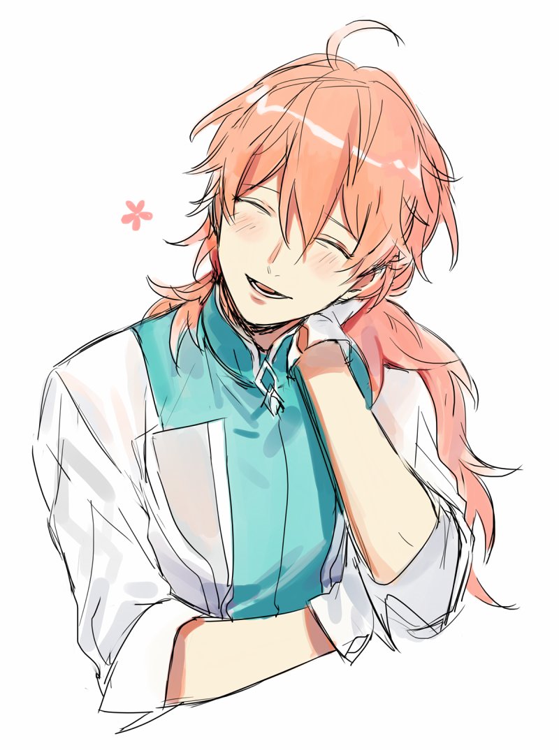 1boy, ^_^, ahoge, blush, chaldea_staff_uniform, chaldea_uniform, closed_eyes, cropped_torso