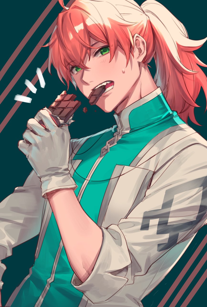 1boy, ahoge, bite_mark, biting, blush, chaldea_staff_uniform, chaldea_uniform, chocolate