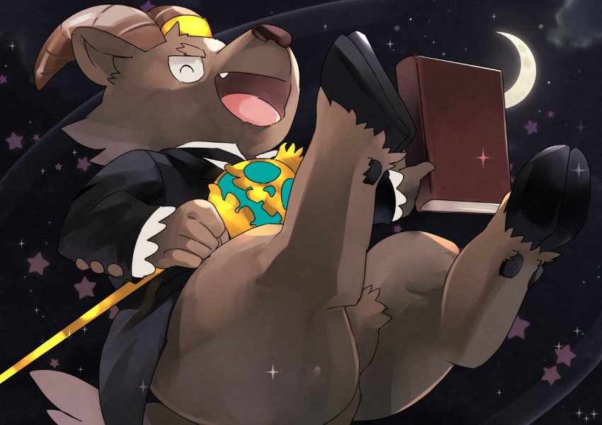 1boy, ^_^, animal_ears, book, closed_eyes, creature, crescent_moon, fang