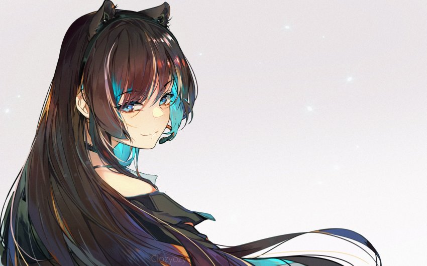 1girl, animal_ears, aqua_hair, black_shirt, brown_hair, choker, civet_ears, closz, from_behind, hana_macchia, headset, highres, long_hair, looking_at_viewer, looking_back, microphone, multicolored_hair, nijisanji, nijisanji_id, shirt, simple_background, solo, virtual_youtuber