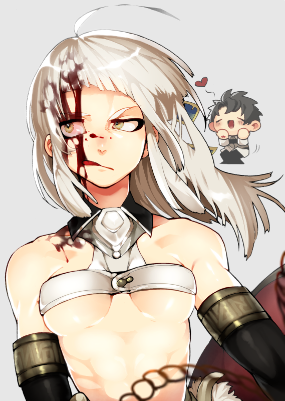 1boy, 1girl, abara_chiita, black_gloves, black_hair, blood, breasts, chain