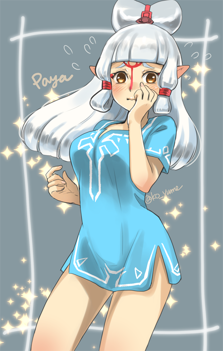 1girl, bare_legs, blue_shirt, blue_tunic, blush, breasts, champion_uniform, character_name