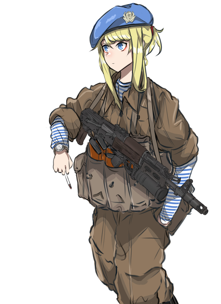 1girl, absurdres, ak-74, arsenal_ad, assault_rifle, bad_id, bad_pixiv_id, beret