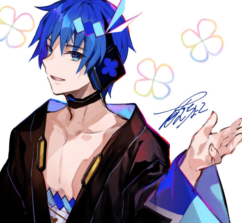 1boy, black_robe, blue_eyes, blue_hair, cherry_blossom_print, commentary, floral_print, fuzichoco