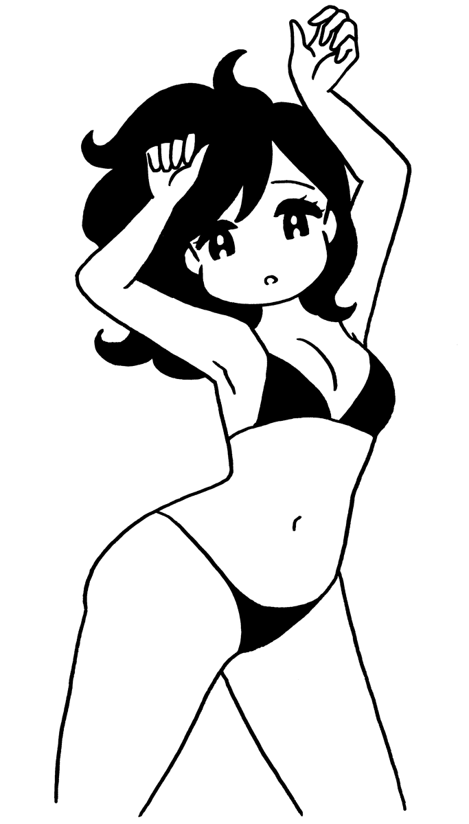 1girl, armpits, arms_up, bikini, black_bikini, black_eyes, black_hair, breasts
