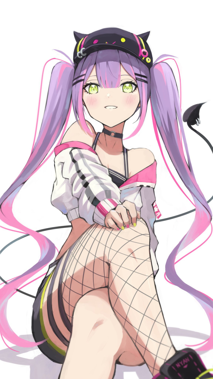 1girl, baseball_cap, bibi_(tokoyami_towa), black_choker, black_hat, black_shoes, black_shorts, black_tank_top