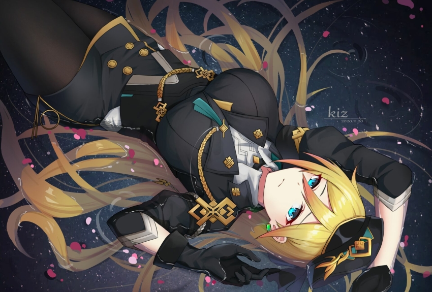 1girl, durandal_(honkai_impact), blonde_hair, blue_eyes, breasts, durandal_(valkyrie_gloria)_(honkai_impact), earrings, gloves