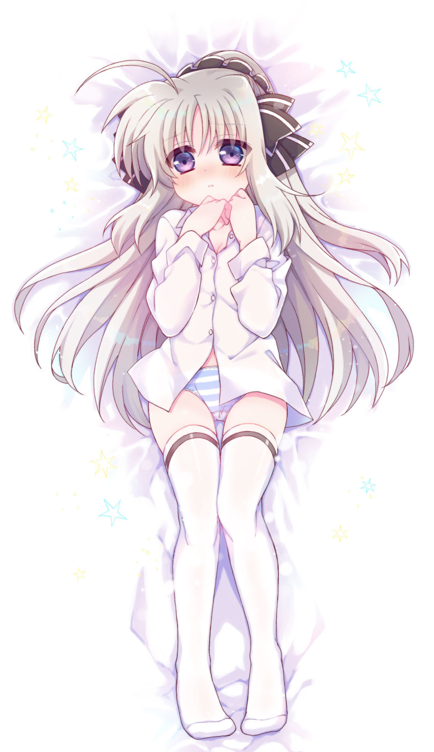 1girl, ahoge, artist_collaboration, bed_sheet, black_bow, blue_panties, blush, bow