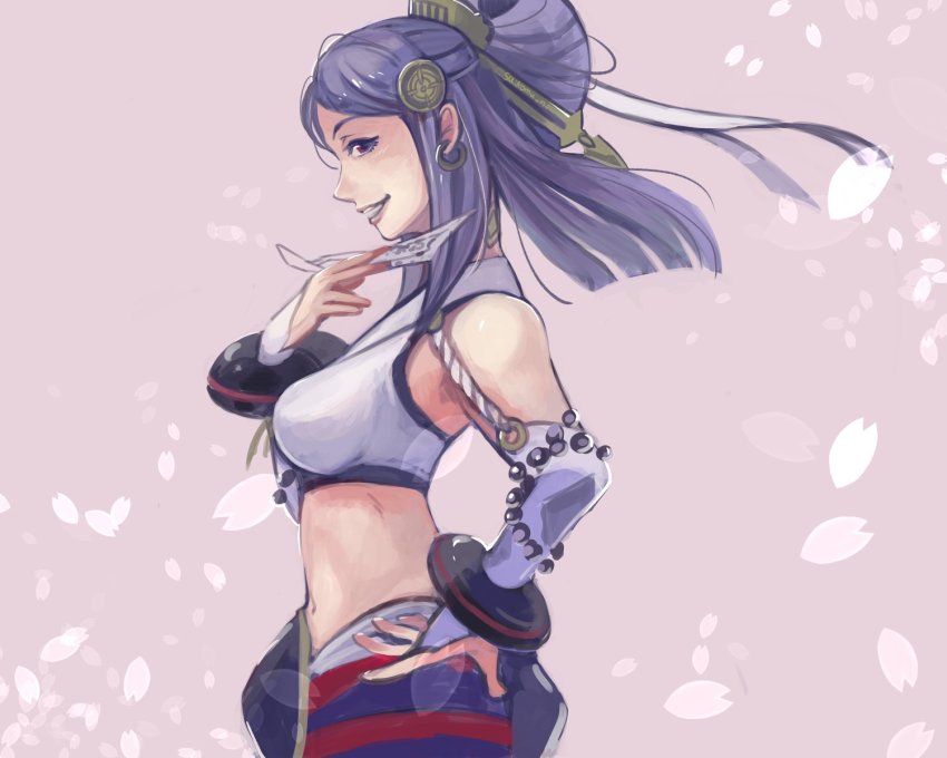 1girl, armpits, bare_shoulders, breasts, fire_emblem, fire_emblem_fates, hand_on_own_hip, highres, holding, holding_weapon, large_breasts, long_hair, looking_at_viewer, midriff, navel, nintendo, open_mouth, orochi_(fire_emblem), purple_hair, smile, solo, suikomu_now, upper_body, weapon