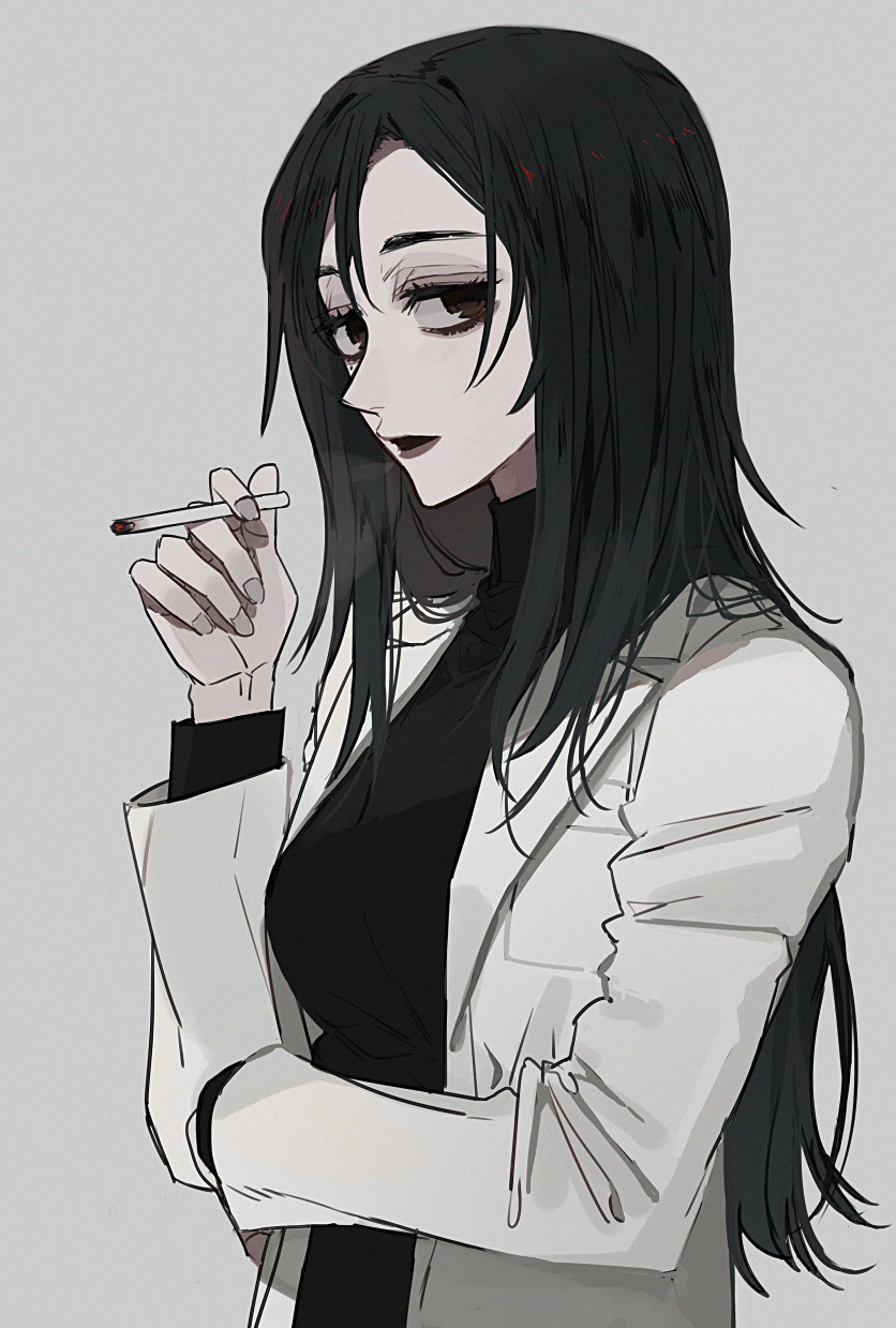 1girl, black_hair, brown_eyes, cigarette, ebanoniwa, grey_background, highres, ieiri_shoko