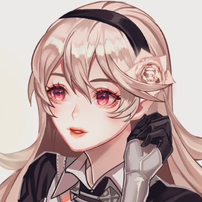 1girl, aramu, collared_shirt, female_corrin_(fire_emblem), fire_emblem, fire_emblem_fates, fire_emblem_heroes, flower, hair_flower, hair_ornament, hairband, hand_up, looking_at_viewer, lowres, nintendo, open_mouth, pointy_ears, red_eyes, shirt, smile, solo, upper_body, white_hair