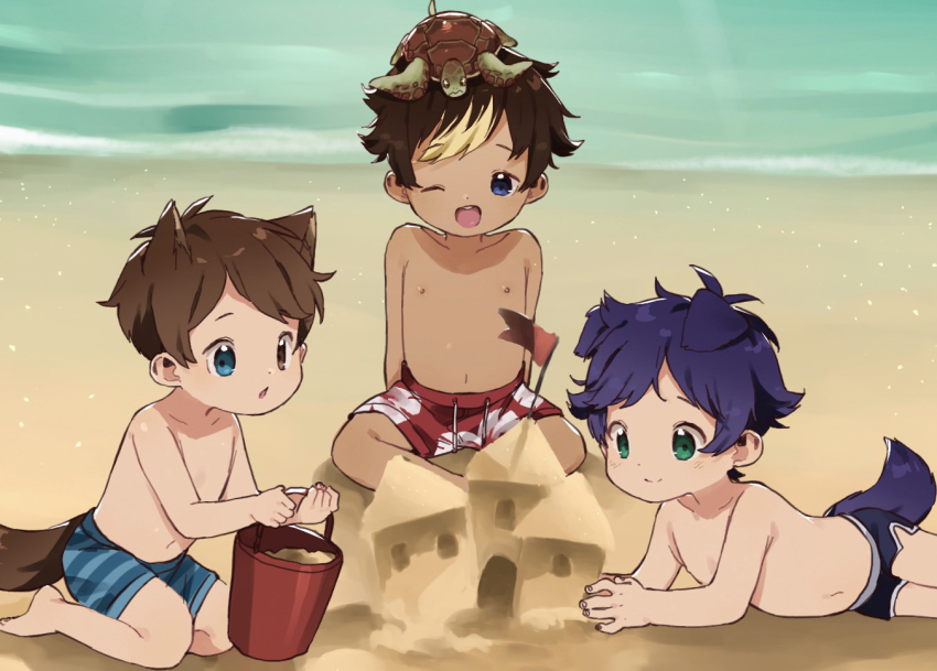 3boys, animal, animal_ears, animal_on_head, beach, black_male_swimwear, black_swim_trunks, blue_eyes