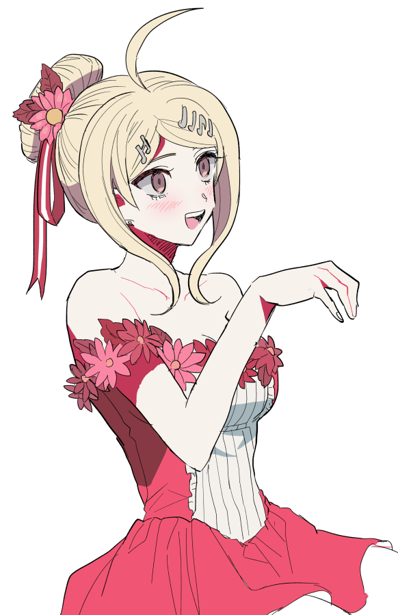 1girl, :d, ahoge, akamatsu_kaede, alternate_costume, alternate_hairstyle, bare_shoulders, blonde_hair, blush, collarbone, commentary_request, cowboy_shot, d4ng4nn6bu12, danganronpa_(series), danganronpa_v3:_killing_harmony, dress, dress_flower, flower, fortissimo, hair_bun, hair_flower, hair_ornament, hair_ribbon, hand_up, long_hair, musical_note, musical_note_hair_ornament, open_mouth, pink_dress, pink_flower, ribbon, simple_background, single_hair_bun, smile, solo, strapless, strapless_dress, striped_clothes, striped_dress, teeth, upper_teeth_only, white_background