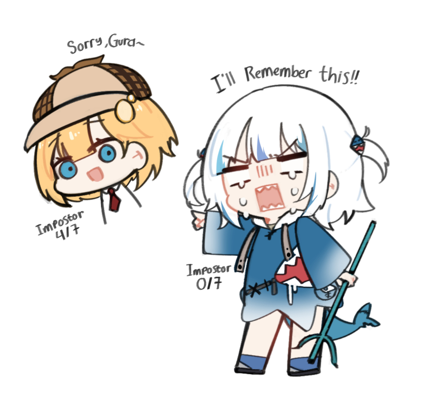 2girls, :d, among_us, animal_hood, blonde_hair, blue_eyes, blue_hair, cheschorv