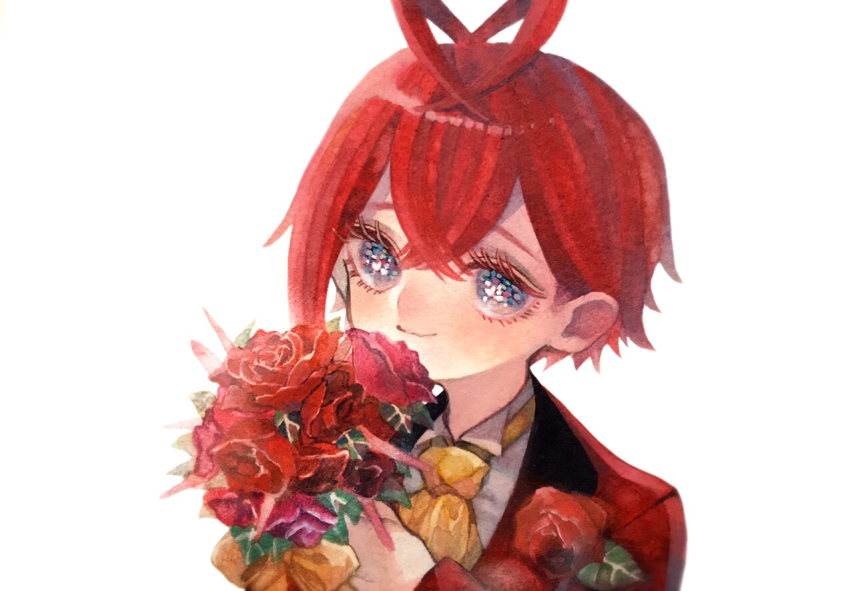 1boy, antenna_hair, bouquet, eyelashes, flower, looking_at_viewer, male_focus, mochigome_138