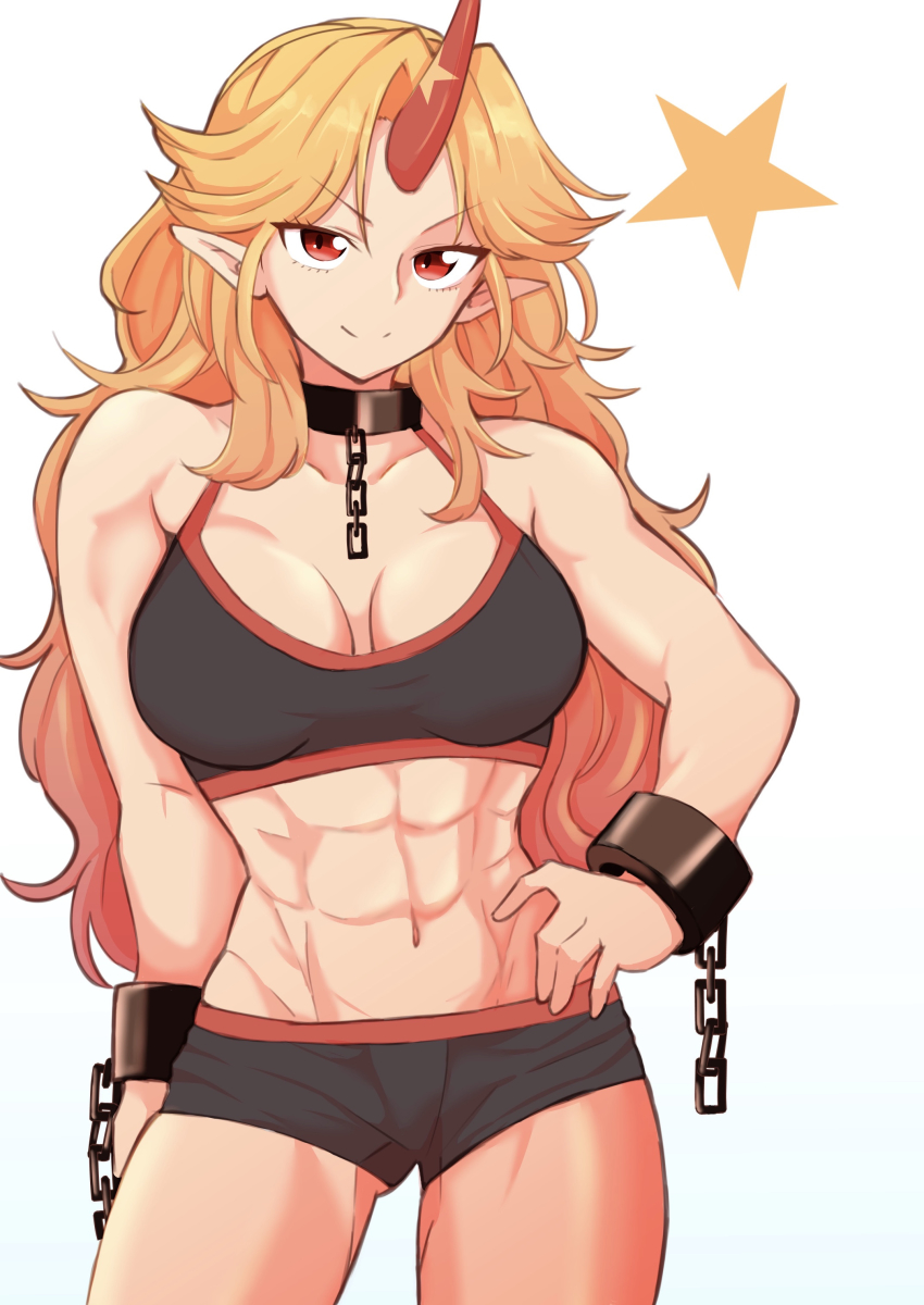 1girl, abs, absurdres, bike_shorts, black_sports_bra, blonde_hair, breasts, chain
