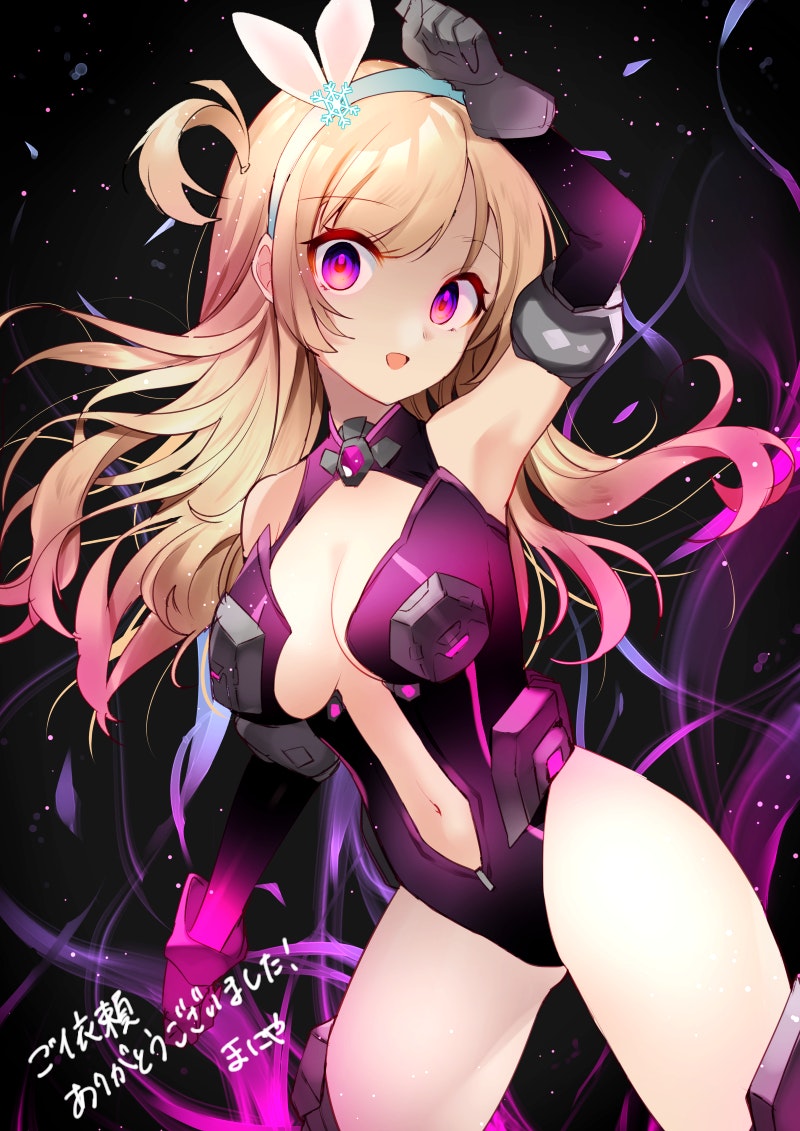 alternate_costume, alternate_eye_color, alternate_hair_color, blonde_hair, breasts, cleavage, commission, corruption