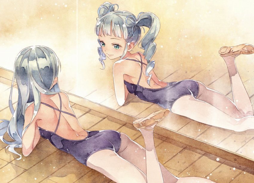 1girl, aikatsu!_(series), athletic_leotard, ballerina, ballet_class_clothes, ballet_slippers, blunt_bangs, commentary_request, drill_hair, green_eyes, grey_hair, hair_ribbon, highres, ichinose_kaede, katoh_akatsuki, leotard, long_hair, looking_at_mirror, lying, mirror, pantyhose, ribbon, smile, solo, todo_yurika, twintails, wooden_floor