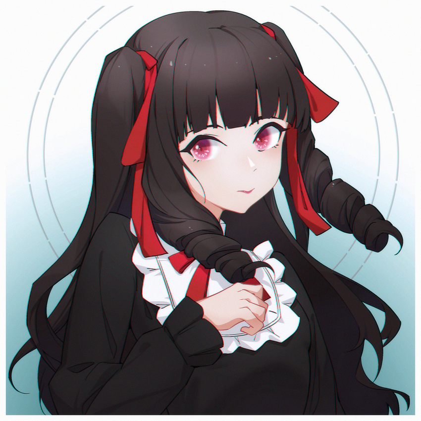 1girl, black_dress, black_hair, blunt_bangs, blush, border, closed_mouth, commentary_request, dress, drill_hair, gradient_background, hair_ribbon, hand_up, highres, kuroba_ayako, lis_zhu_long, long_hair, long_sleeves, looking_at_viewer, mahouka_koukou_no_rettousei, pink_eyes, red_eyes, red_neckwear, red_ribbon, ribbon, smile, solo, twintails, upper_body, white_border
