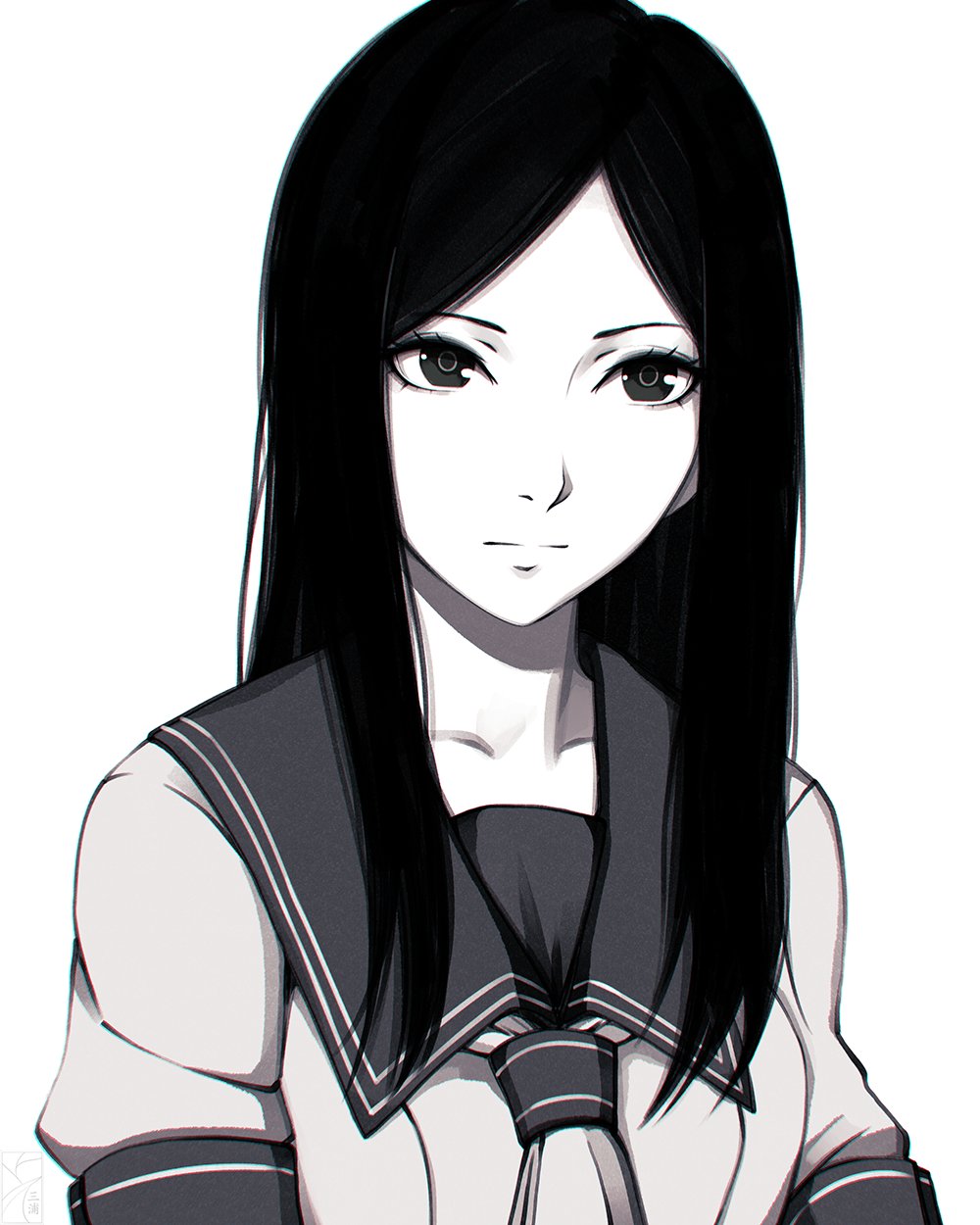 1girl, ayase_ichiko, closed_mouth, commentary, denpa_teki_na_kanojo, english_commentary, greyscale, highres, long_hair, looking_at_viewer, miura-n315, monochrome, sailor_collar, school_uniform, simple_background, solo, white_background