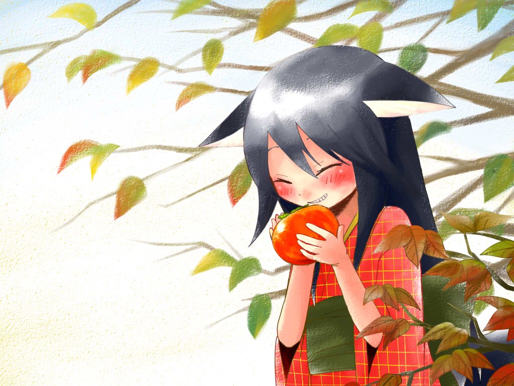 animal_ears, black_hair, blush, food, fruit, grin, japanese_clothes, persimmon