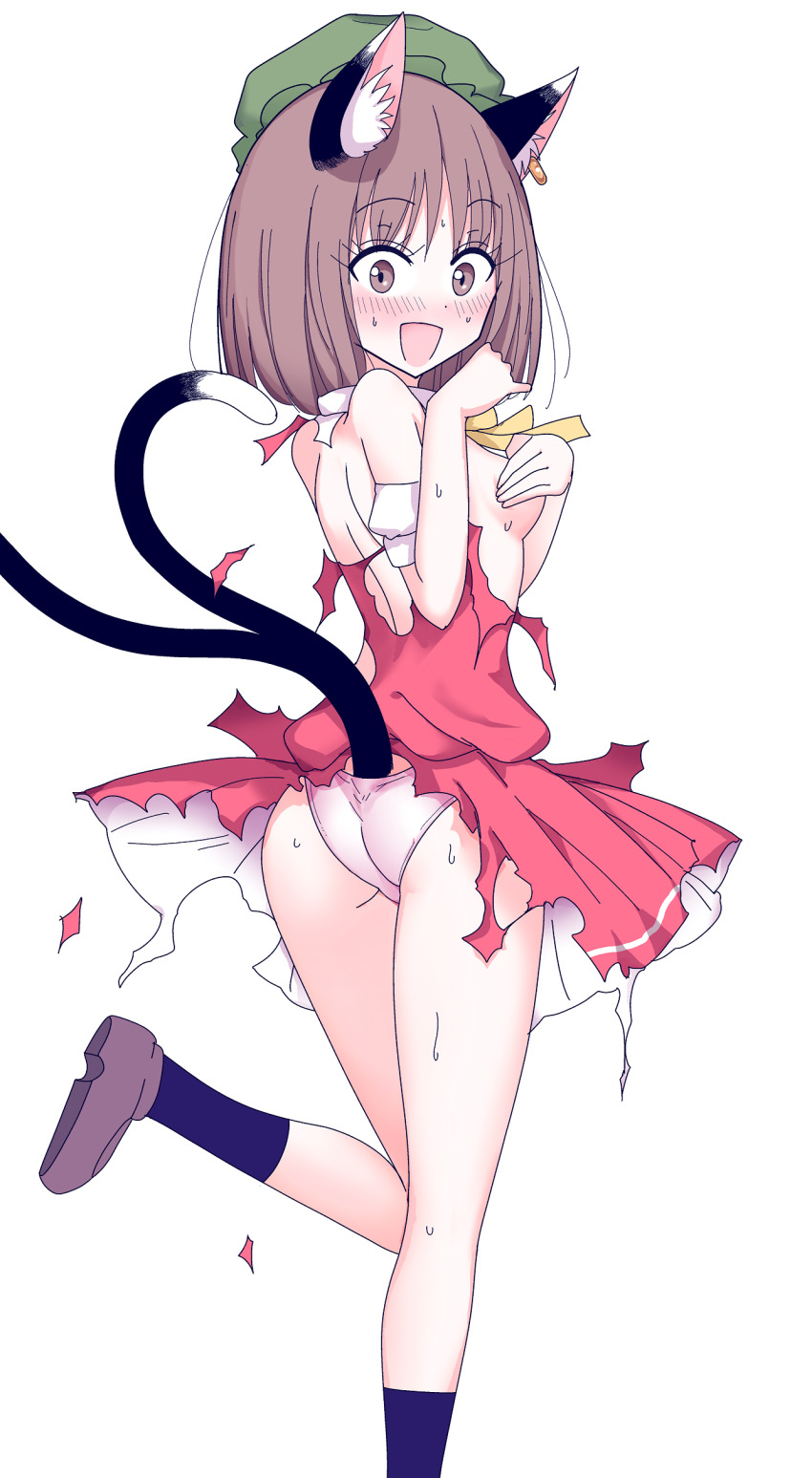 1girl, absurdres, animal_ear_fluff, animal_ears, ass, blush, breasts, brown_eyes, brown_footwear, brown_hair, cat_ears, cat_tail, chen, commentary_request, covering_breasts, covering_privates, detached_sleeves, dress, earrings, foot_out_of_frame, green_hat, hat, highres, jewelry, leg_up, looking_at_viewer, looking_back, mob_cap, multiple_tails, neck_ribbon, nekomata, open_mouth, panties, puffy_short_sleeves, puffy_sleeves, red_dress, ribbon, shiisuu_rattamu, short_hair, short_sleeves, simple_background, single_earring, small_breasts, socks, solo, standing, surprised, sweat, tail, torn_clothes, touhou, two_tails, underwear, white_background, white_panties, yellow_ribbon