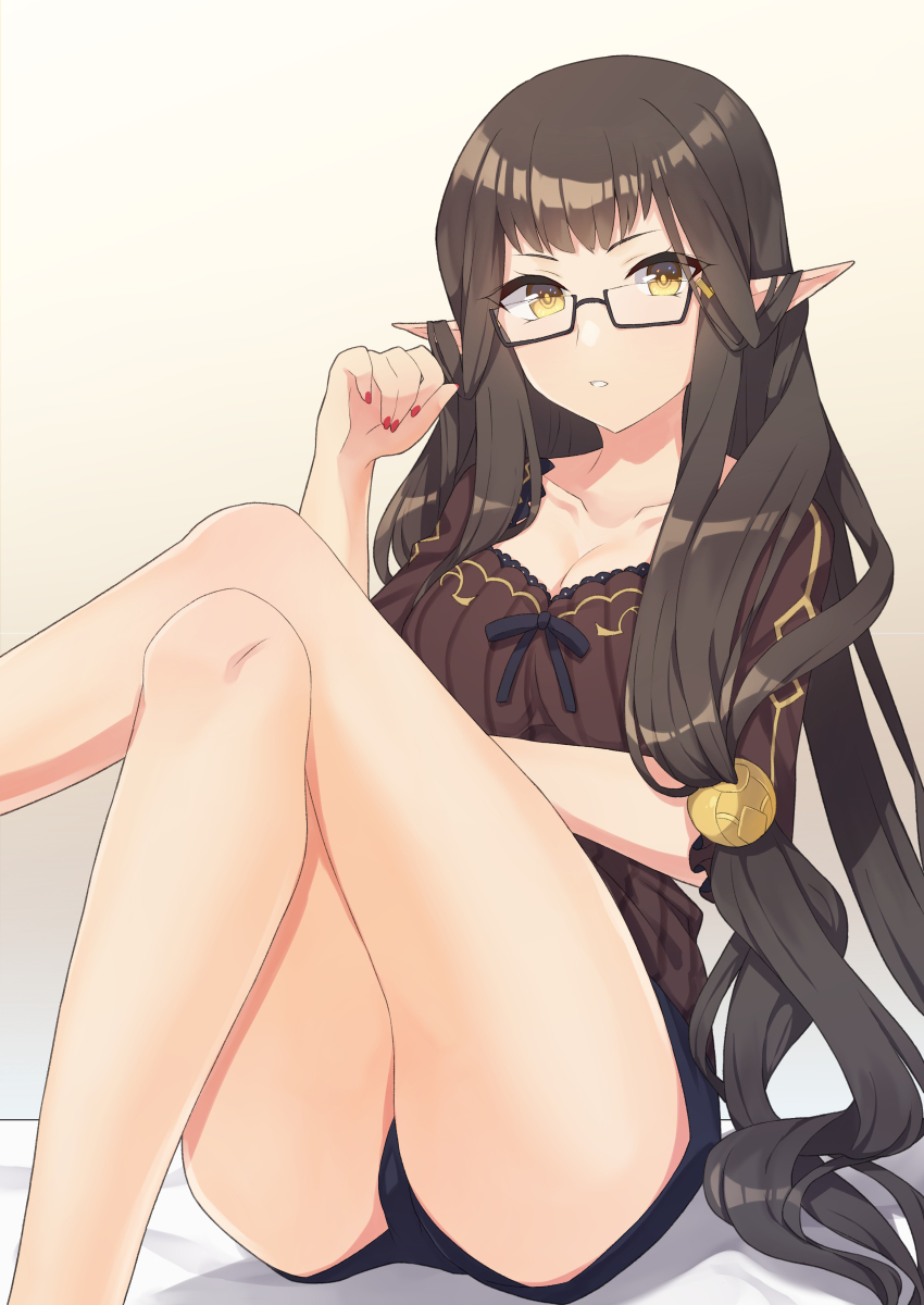 1girl, adjusting_hair, agsen, bespectacled, black_hair, black_shirt, commentary_request, fate/apocrypha