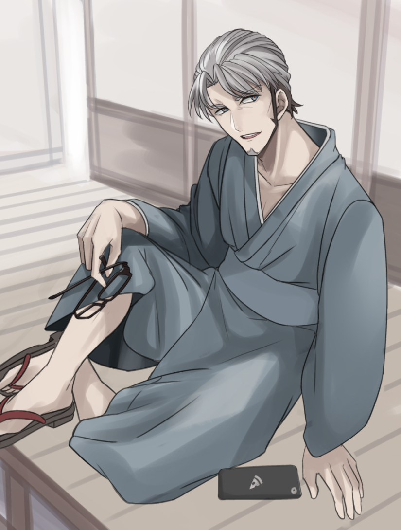 1boy, arm_support, arurandeisu, cellphone, unworn_eyewear, facial_hair, grey_eyes, grey_hair