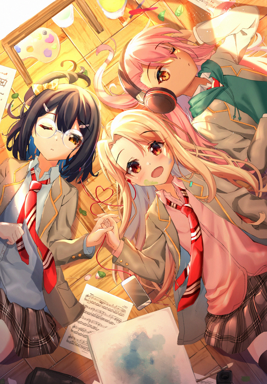 3girls, :d, black_hair, blazer, blonde_hair, blue_shirt, blush, brown_eyes