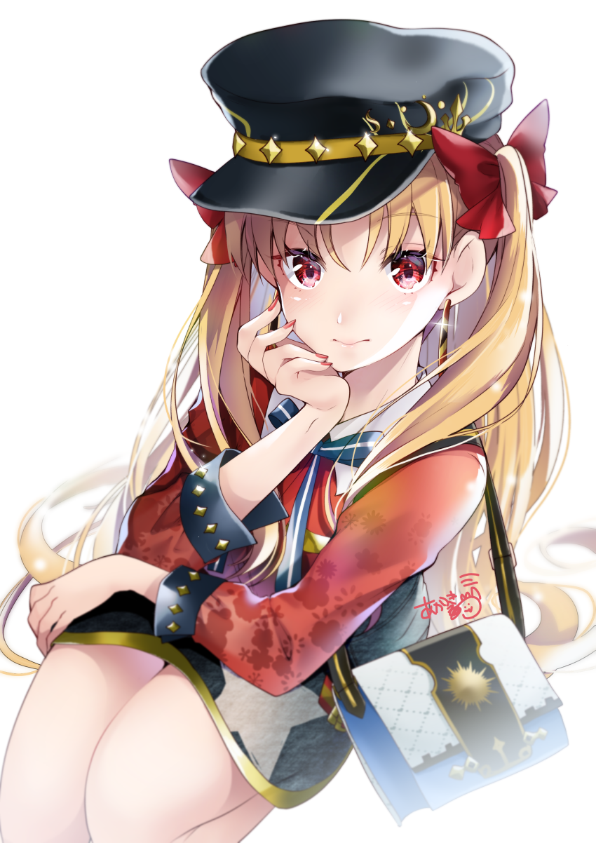 1girl, akatsuki_hijiri, bag, black_hat, black_skirt, blonde_hair, bow, bowtie