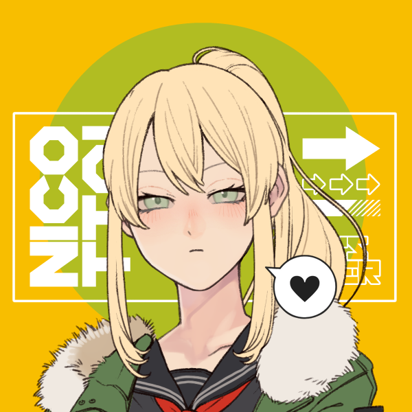 1girl, alicetaria_february, arrow_(symbol), avatar_generator, black_serafuku, blonde_hair, coat, diathadevil, facing_viewer, fur-trimmed_coat, fur_trim, green_background, green_eyes, heart, horse_tail, japanese_clothes, picrew, re:creators, school_uniform, serafuku, shirazu_yomi, sidelocks, solo, spoken_heart, tail, upper_body, yellow_background