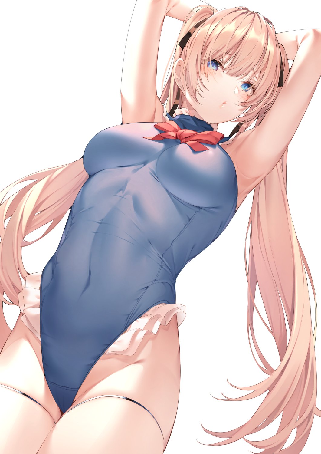 1girl, amagimei, armpits, arms_behind_head, azur_lane, bare_shoulders, black_ribbon, blonde_hair