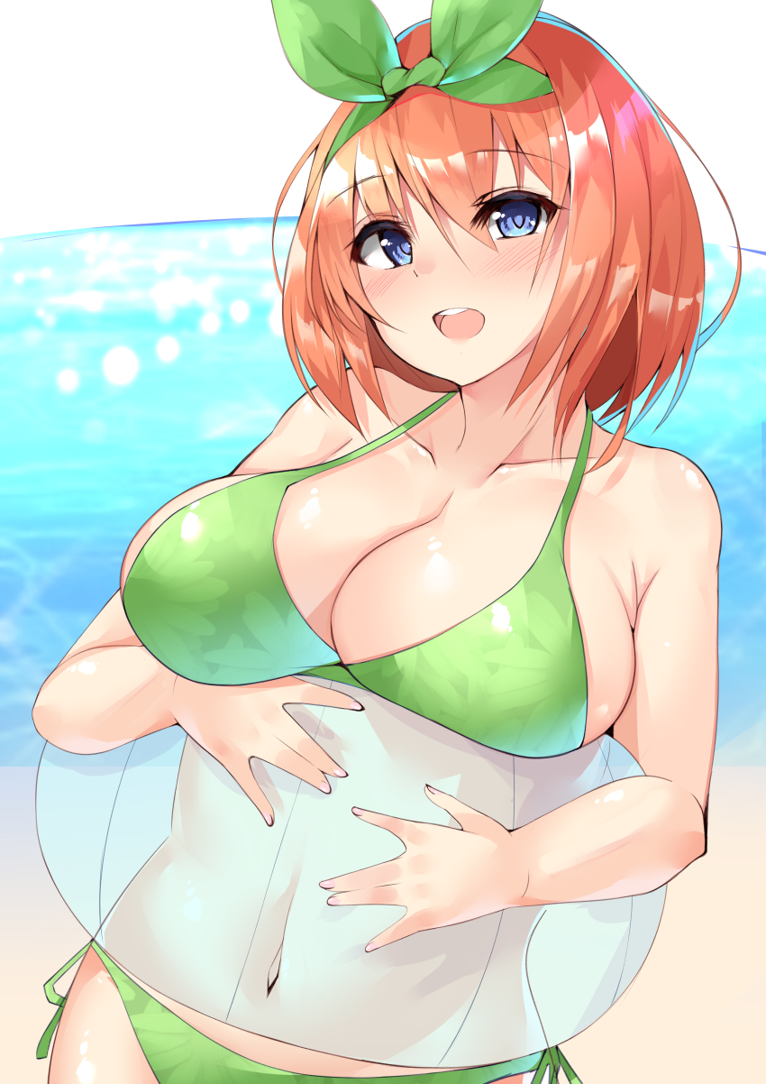 :d, absurdres, ball, beach, beachball, bikini, blue_eyes, breasts, cleavage, collarbone, commentary_request, cowboy_shot, curved_horizon, go-toubun_no_hanayome, green_bikini, hair_ribbon, highres, holding, holding_ball, holding_beachball, large_breasts, looking_at_viewer, micosiva, nakano_yotsuba, navel, ocean, open_mouth, orange_hair, ribbon, short_hair, sidelocks, smile, solo, standing, swimsuit, teeth, upper_body, upper_teeth_only, white_background