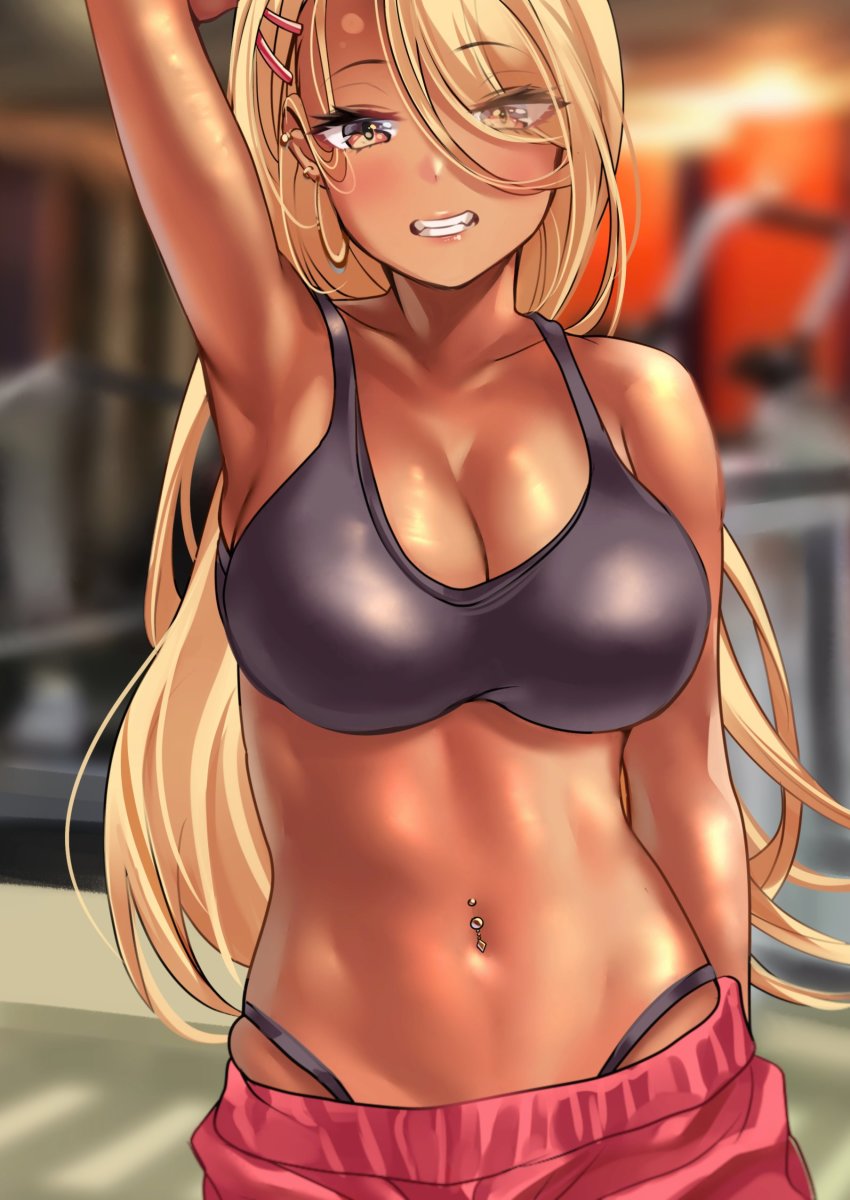 1girl, absurdres, arm_behind_head, armpits, blonde_hair, breasts, cleavage, commentary_request, dark-skinned_female, dark_skin, earrings, exercise_machine, eyes_visible_through_hair, fitness_gym, focused, gyaru, hair_between_eyes, hair_ornament, hair_over_one_eye, hairclip, highleg, highleg_panties, highres, indoors, jewelry, kinjyou_(shashaki), kogal, large_breasts, long_hair, looking_at_viewer, midriff, multiple_earrings, navel, navel_piercing, original, panties, pants, piercing, shashaki, smile, solo, sports_bra, sweatpants, underwear, yellow_eyes