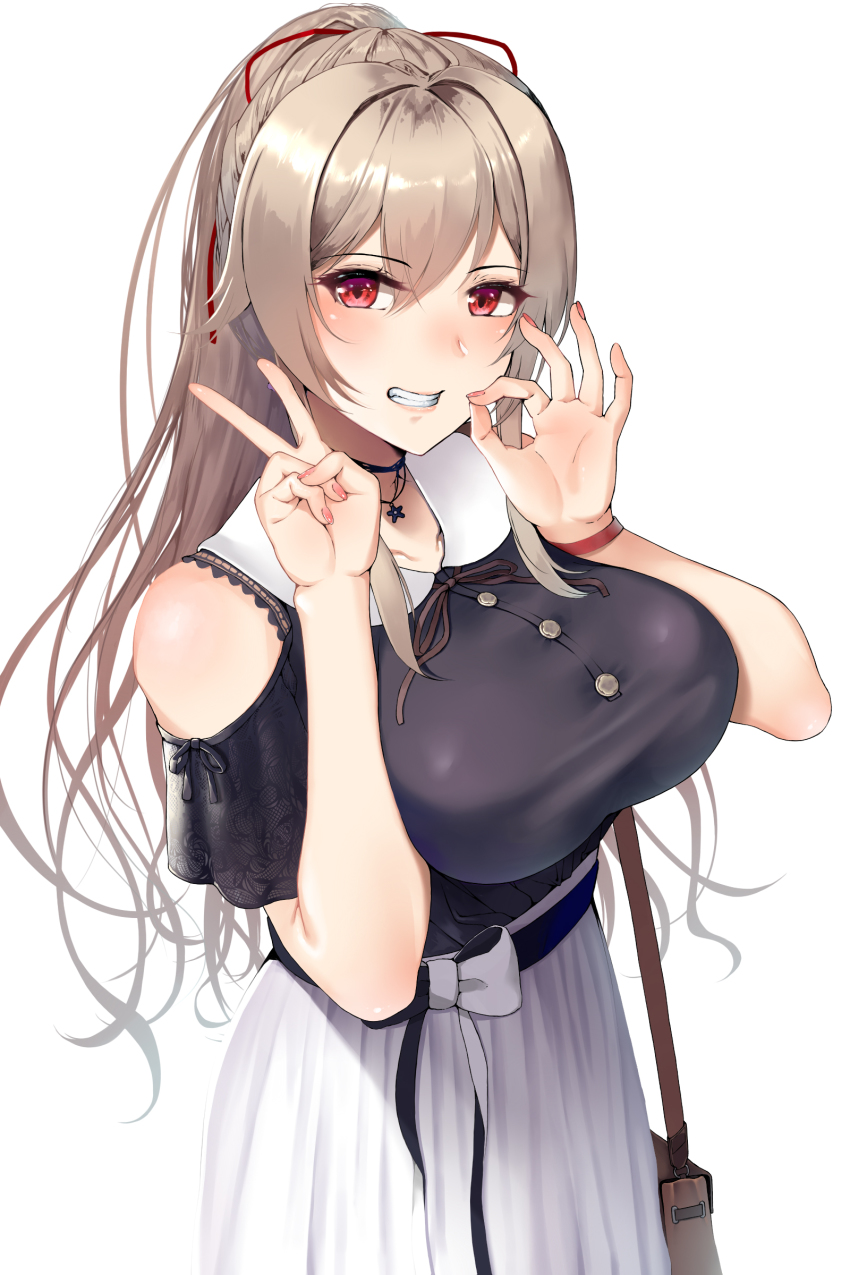 1girl, absurdres, bag, blush, breasts, clothing_cutout, collared_shirt, commentary_request