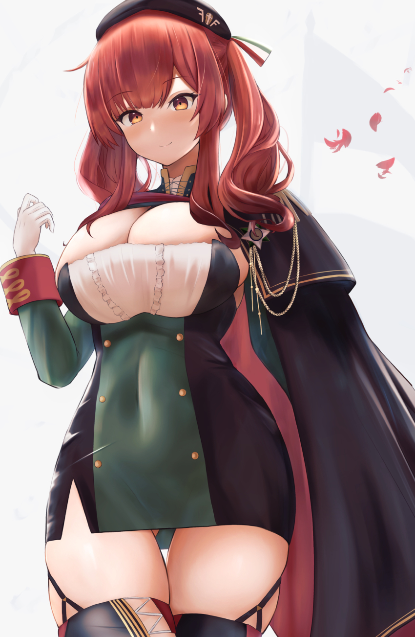 1girl, amano_kusatsu, azur_lane, beret, black_cape, black_dress, black_hat, black_thighhighs