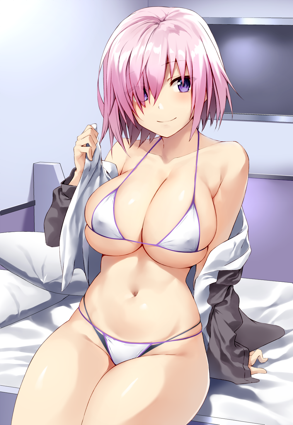 1girl, alternate_costume, bare_shoulders, bed, bed_sheet, bikini, blush, breasts