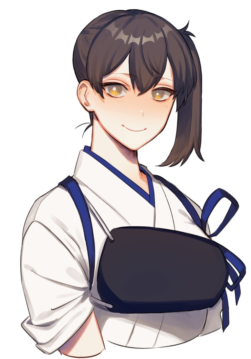 1girl, brown_eyes, brown_hair, commentary_request, cropped_torso, highres, japanese_clothes, kaga_(kancolle)