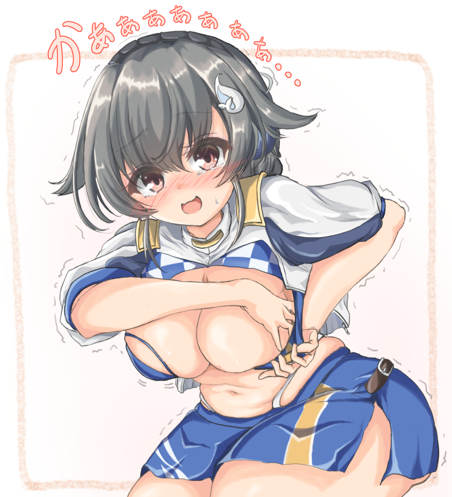 1girl, black_hair, blue_skirt, breasts, cleavage, commentary_request, cosplay, cowboy_shot