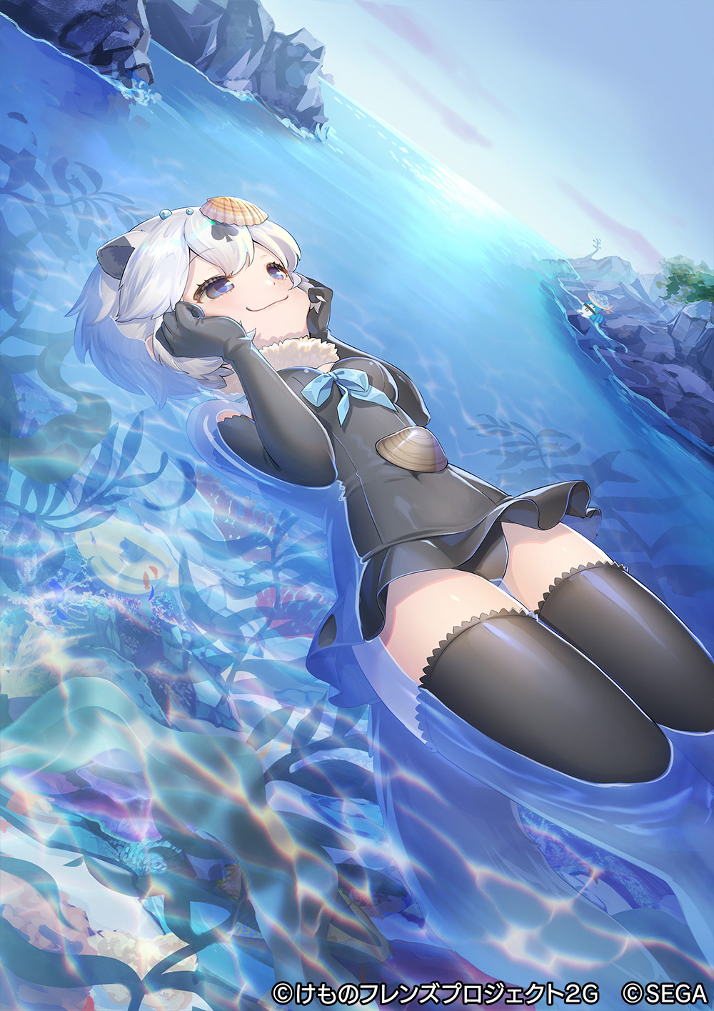 :3, animal_ears, bare_shoulders, black_gloves, black_one-piece_swimsuit, black_thighhighs, blue_bow, blue_bowtie, blue_eyes, bow, bowtie, californian_sea_otter_(kemono_friends), commentary_request, ctake02, elbow_gloves, floating, frilled_swimsuit, frills, fur_collar, gloves, hair_ornament, highres, kemono_friends, kemono_friends_3, kemono_friends_3:_planet_tours, lucky_beast_(kemono_friends), ocean, official_art, one-piece_swimsuit, otter_ears, otter_girl, otter_tail, shell, shell_hair_ornament, short_hair, sleeveless, smiley_face, solo, swimsuit, tail, thighhighs, water, white_fur, white_hair, zettai_ryouiki