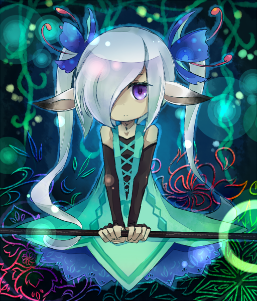 1girl, animal_ears, aqua_dress, detached_sleeves, dress, etrian_odyssey, flower, hair_flower