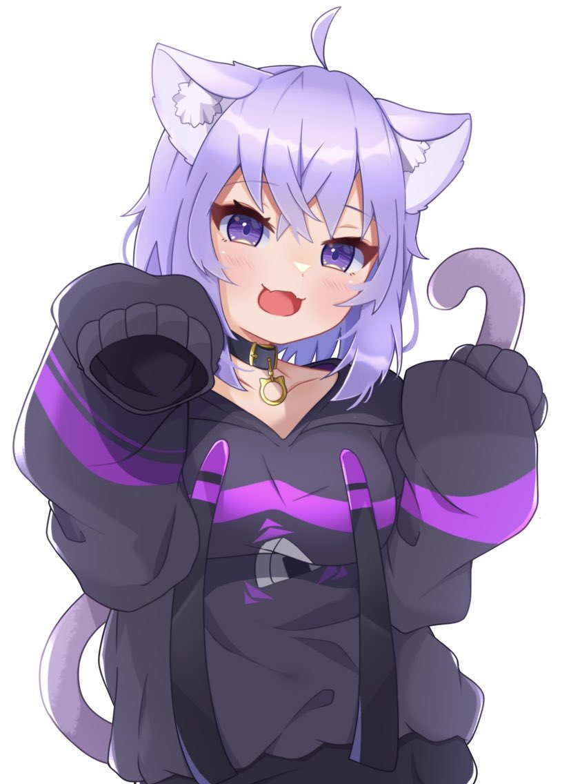 1girl, :3, animal_ear_fluff, animal_ears, black_hoodie, blush, breasts, cat_ears, cat_tail, collar, hololive, hood, hoodie, long_sleeves, looking_at_viewer, medium_breasts, nekomata_okayu, nekomata_okayu_(1st_costume), open_mouth, purple_eyes, purple_hair, simple_background, sleeves_past_fingers, sleeves_past_wrists, solo, suspenders, tail, temari_maco, virtual_youtuber, white_background