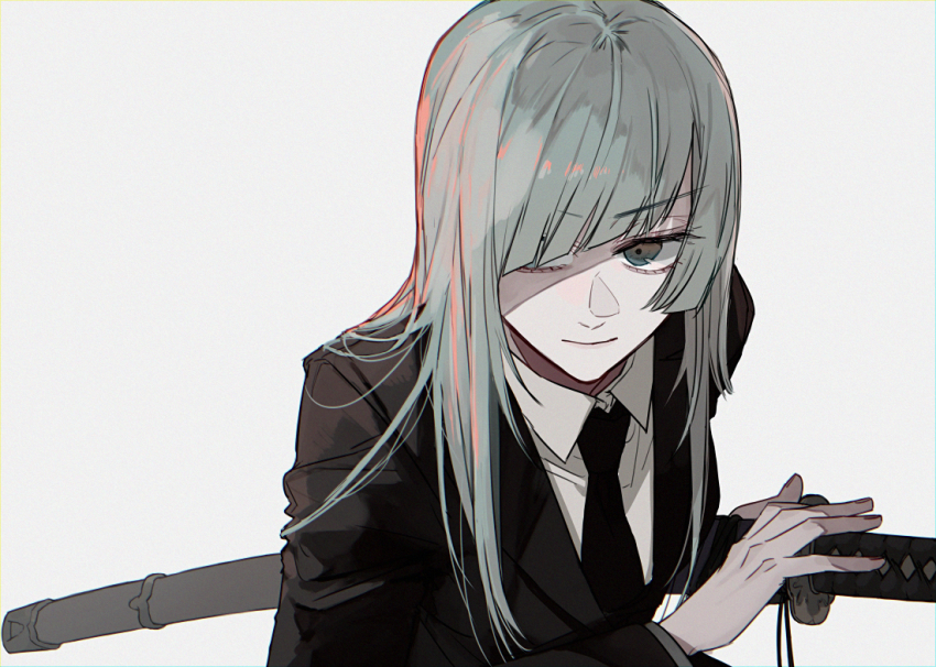 1girl, black_eyes, black_jacket, black_necktie, black_suit, blue_hair, blunt_bangs, closed_mouth, collared_shirt, dress_shirt, ebanoniwa, fighting_stance, formal_clothes, holding, holding_sheath, jacket, jujutsu_kaisen, katana, long_hair, long_sleeves, looking_away, miwa_kasumi, necktie, ready_to_draw, scabbard, sheath, shirt, simple_background, solo, standing, suit, sword, upper_body, weapon, white_background, white_shirt