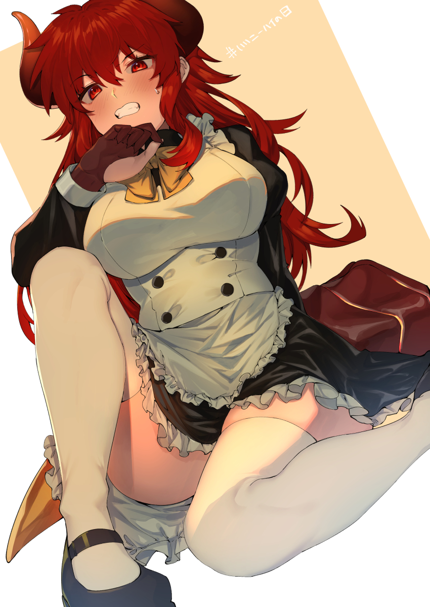 1girl, absurdres, alternate_costume, apron, blush, breasts, clenched_teeth, dola_(nijisanji)