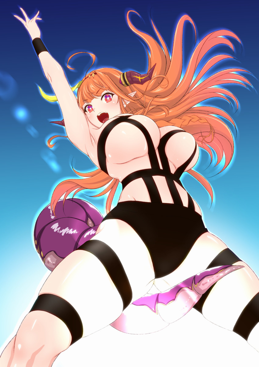 1girl, :d, ahoge, arm_up, armpits, blue_background, braid, breasts